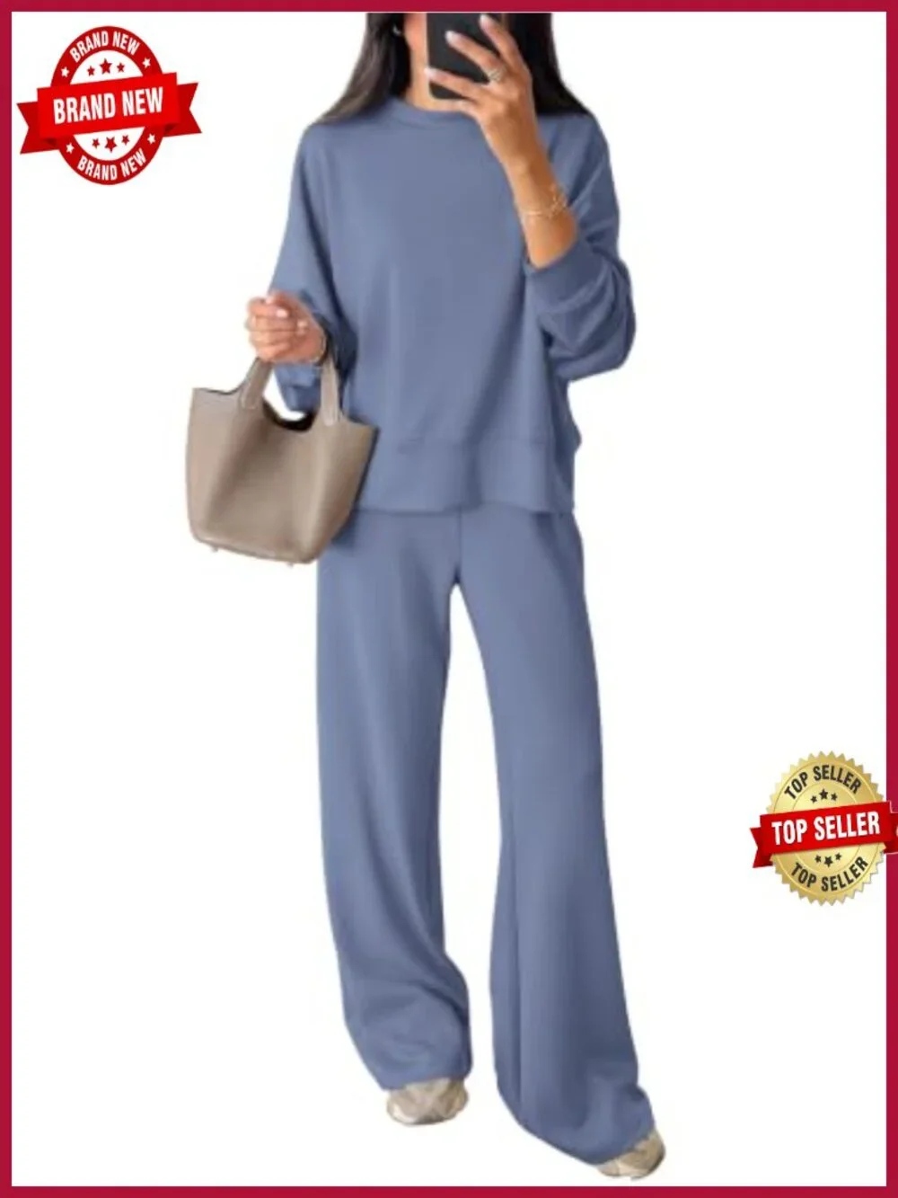 Womens 2 Piece Lounge Set Oversized Crewneck Sweatshirt Wide Leg Pants Pockets